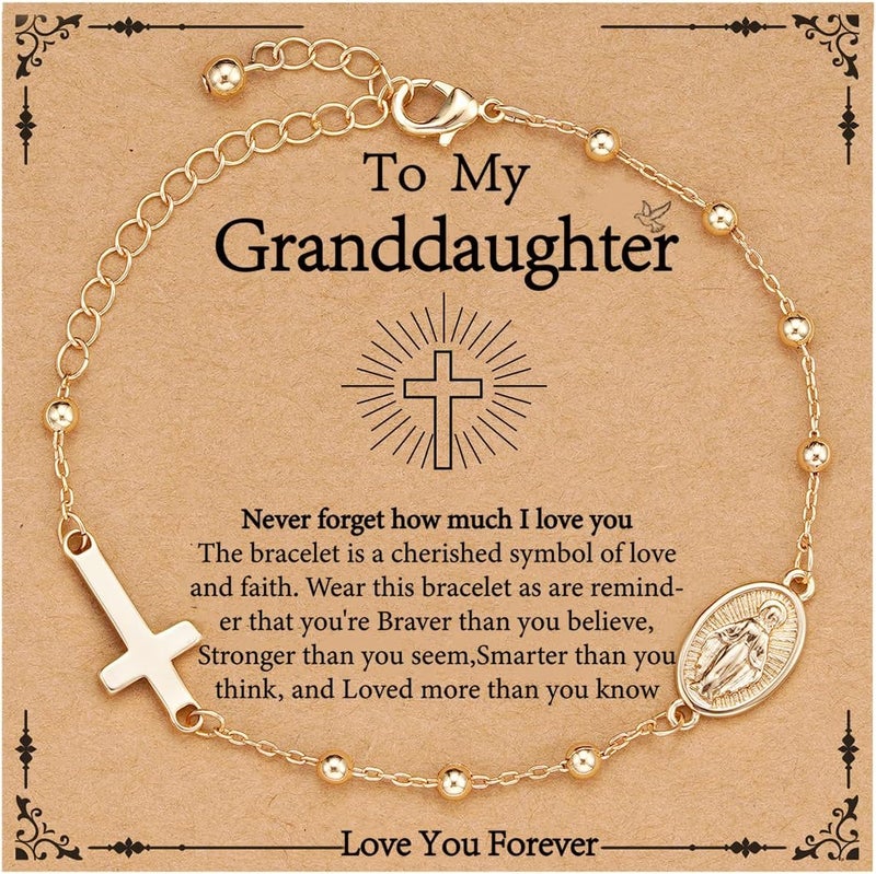 VULETO Catholic Virgin Mary Cross Bracelet Gifts for Girls Teens Women, Rosary Beads Charm Link Chain Bracelet Christmas Christian Religious Jewelry Gifts - Image 1